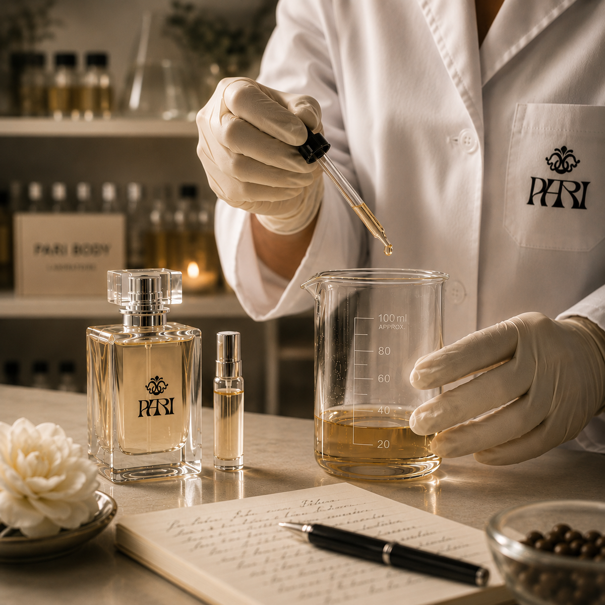 Perfumer formulating a luxury fragrance to create long-lasting scent performance.